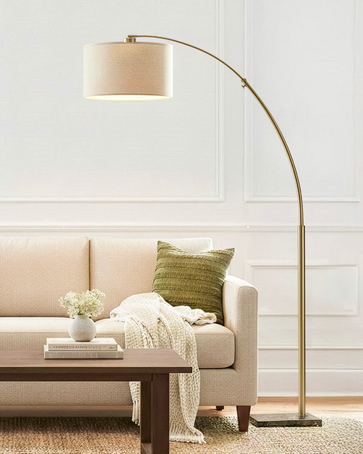 Logan Arc Black Floor Lamp | Neutral Linen Shade | Brightech