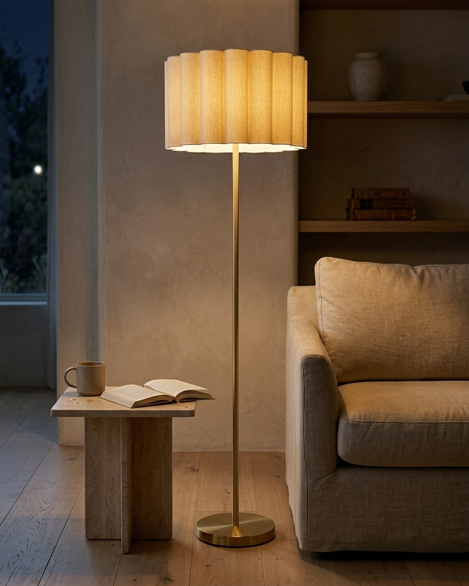 a modern brass floor lamp with a pleated cotton shadea