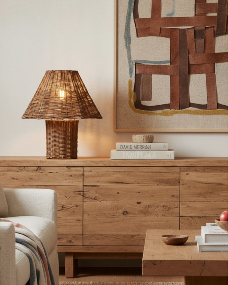 Wooden dresser with a lamp, books, and decorative items in a room setting.