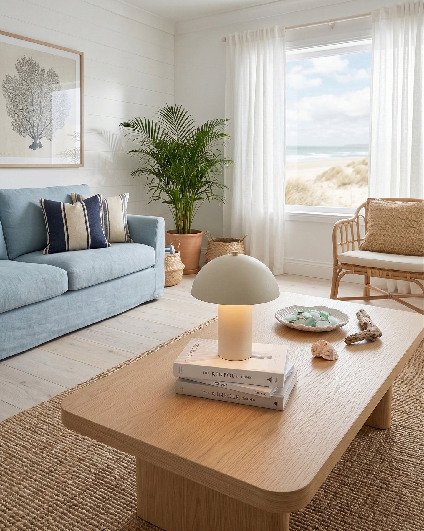 Living room with a light blue sofa, wooden coffee table, and large window.
